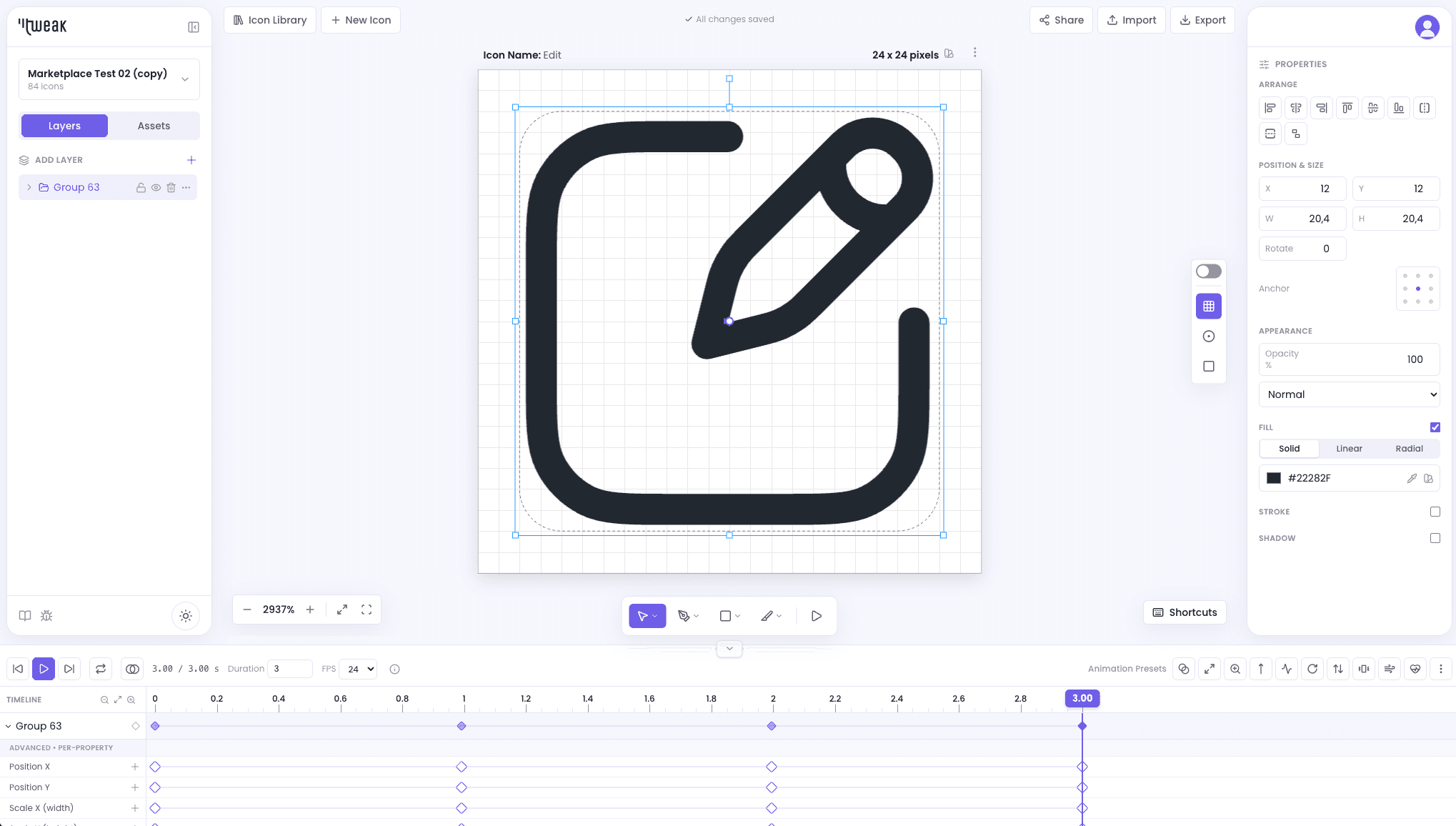 The Tweak editor: an icon on a grid canvas, layers listed on the left, shape properties on the right, and an animation timeline of keyframes underneath.